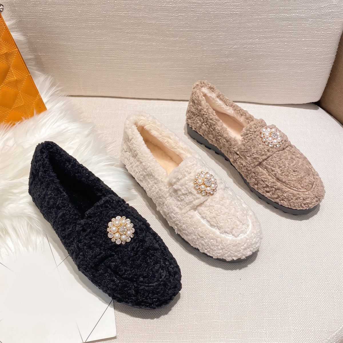 Sophie - Women's Pearl Embellished Faux Fur Loafers with Flat Sole - Flats - Khaki - Davies & Cooper