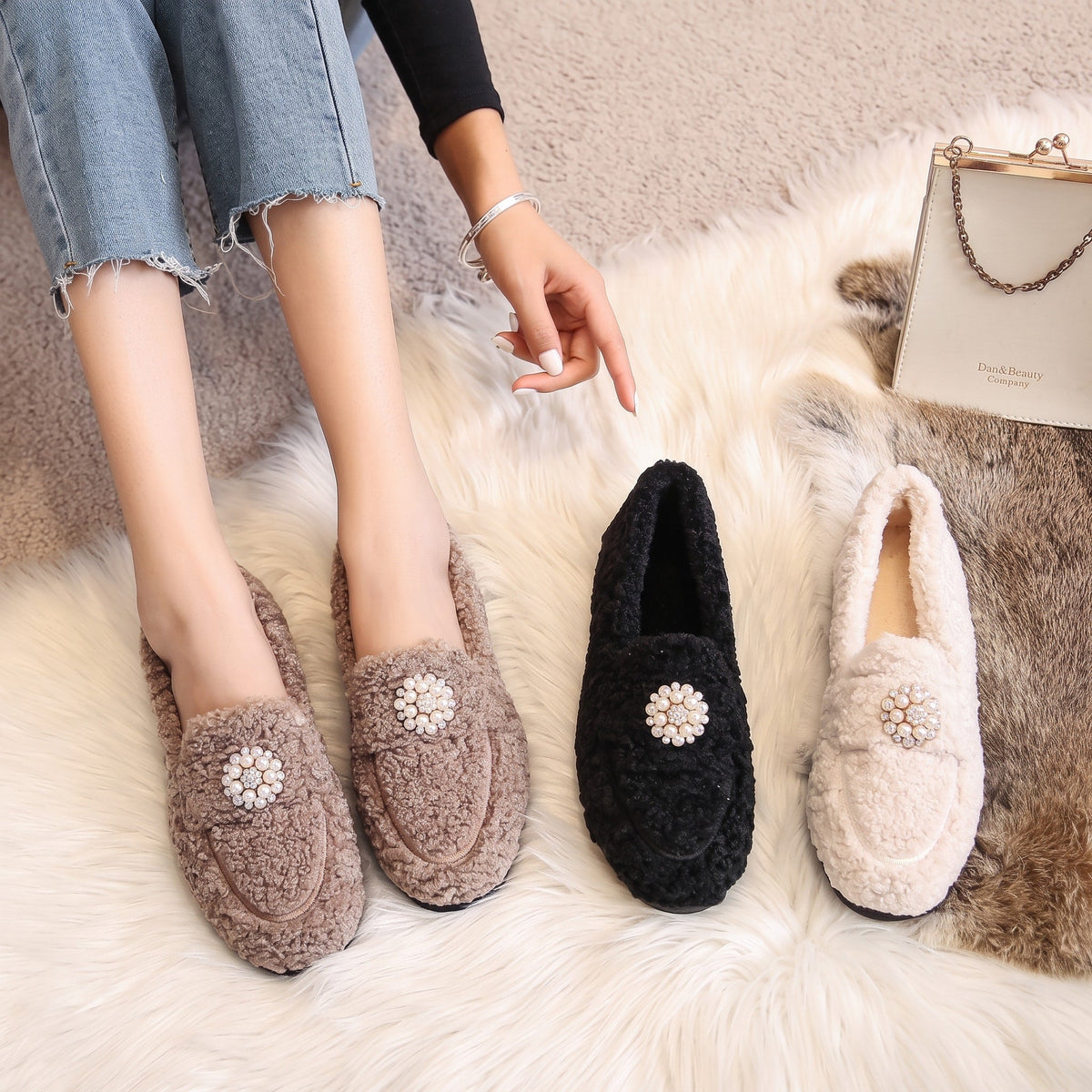 Sophie - Women's Pearl Embellished Faux Fur Loafers with Flat Sole - Flats - Khaki - Davies & Cooper