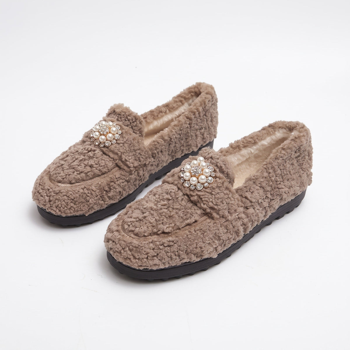 Sophie - Women's Pearl Embellished Faux Fur Loafers with Flat Sole - Flats - White - Davies & Cooper