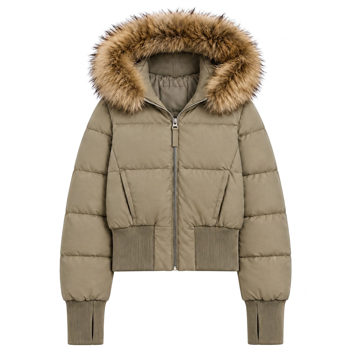 Sophie - Women's Quilted Cropped Puffer Jacket with Faux Fur Hood - Puffer Jacket - Olive Green - Davies & Cooper