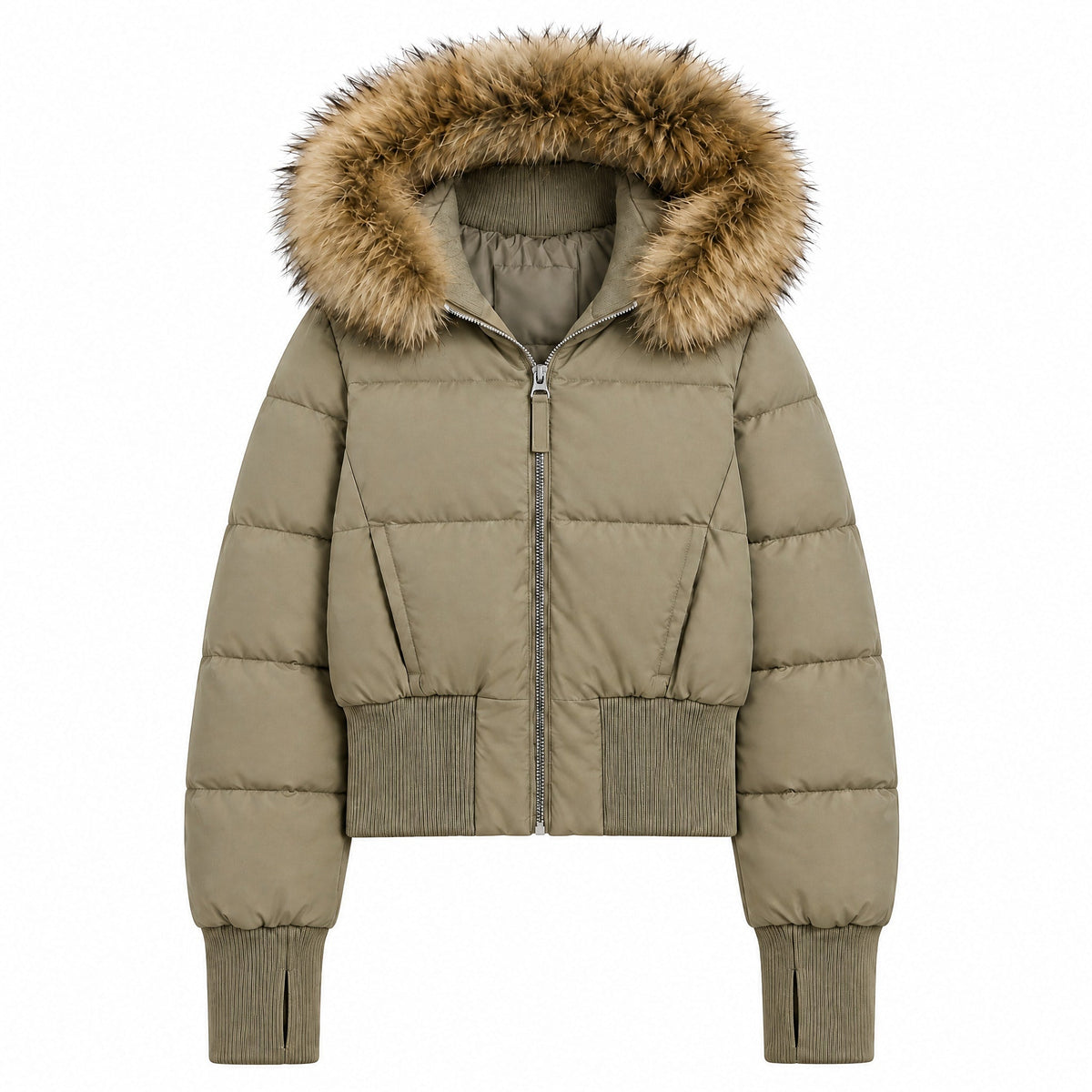 Sophie - Women's Quilted Cropped Puffer Jacket with Faux Fur Hood - Puffer Jacket - Olive Green - Davies & Cooper