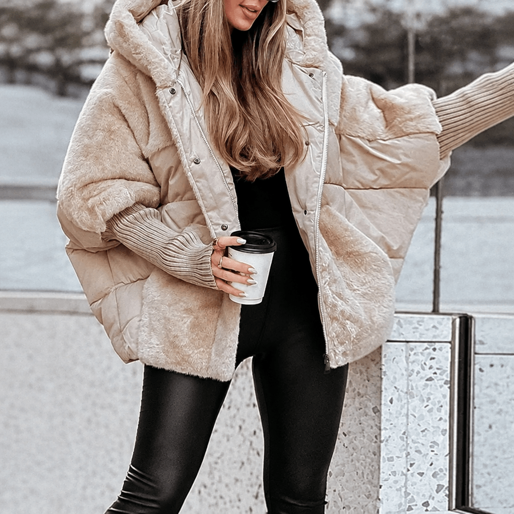 Sophie - Women's Quilted Hooded Puffer Jacket with Faux Fur Collar - Puffer Jackets - Apricot - Davies & Cooper