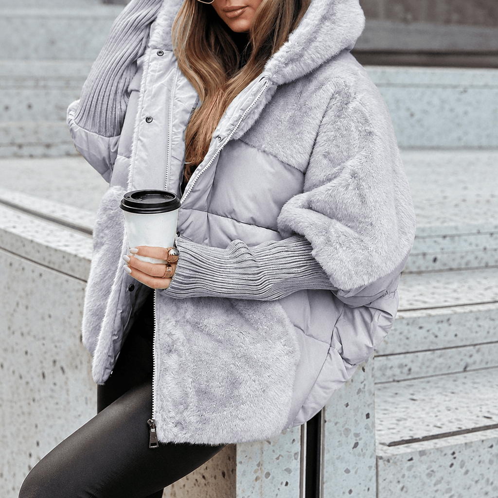 Sophie - Women's Quilted Hooded Puffer Jacket with Faux Fur Collar - Puffer Jackets - Grey - Davies & Cooper