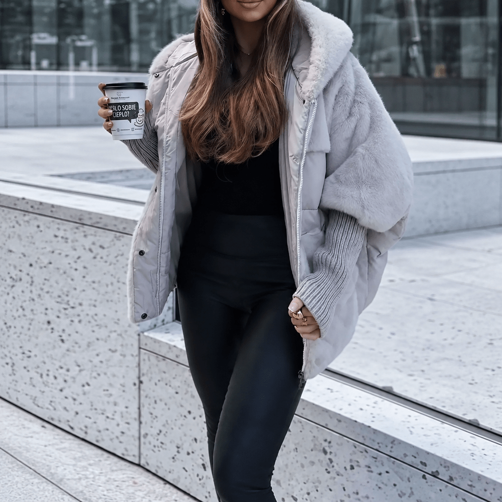 Sophie - Women's Quilted Hooded Puffer Jacket with Faux Fur Collar - Puffer Jackets - Grey - Davies & Cooper