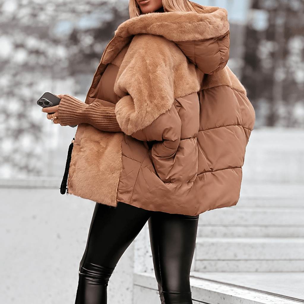 Sophie - Women's Quilted Hooded Puffer Jacket with Faux Fur Collar - Puffer Jackets - Brown - Davies & Cooper