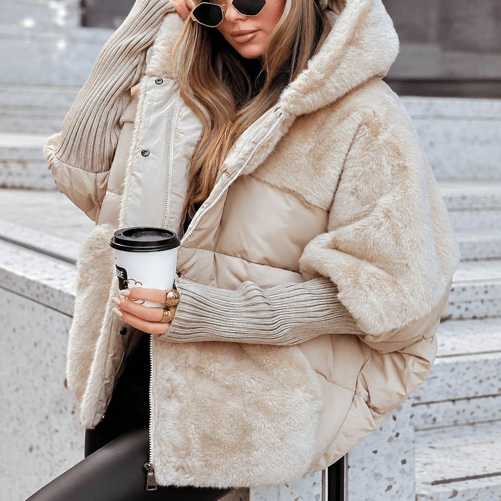 Sophie - Women's Quilted Hooded Puffer Jacket with Faux Fur Collar - Puffer Jackets - Apricot - Davies & Cooper