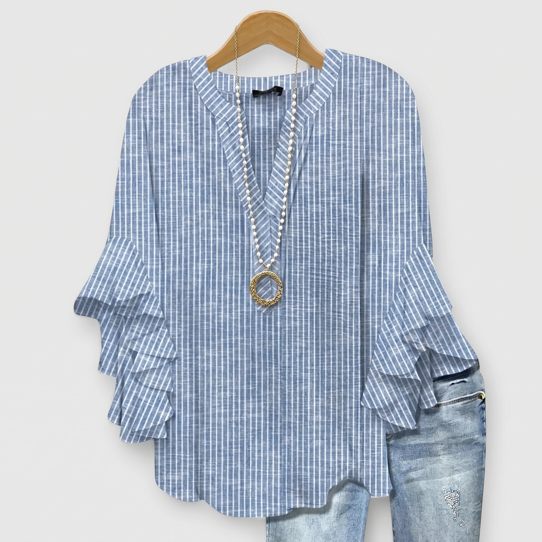 Sophie - Women's Relaxed Fit Floral Ruffle Sleeve Blouse - Blouse - Blue - Davies & Cooper