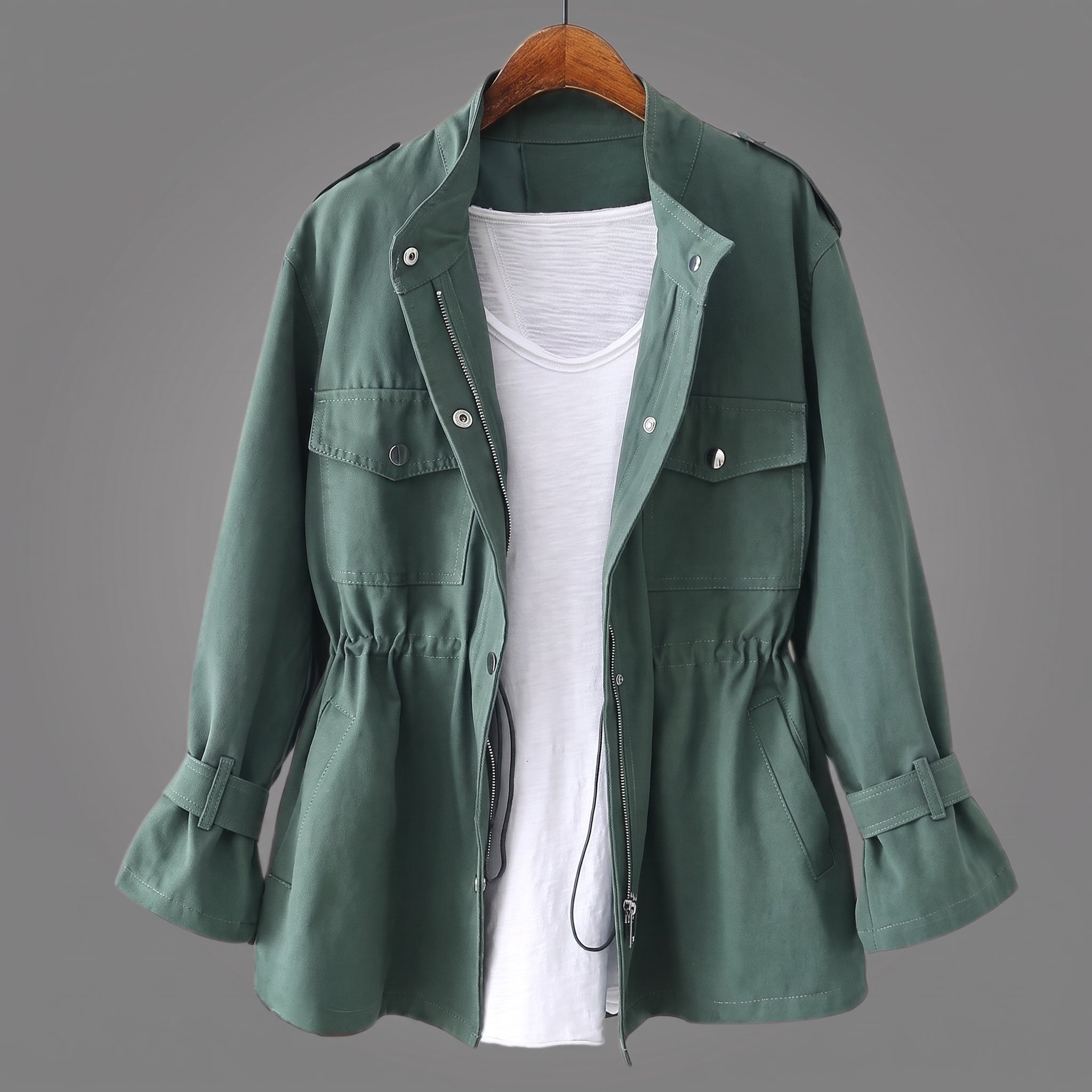 Sophie - Women's Relaxed Transitional Utility Jacket with Cinched Waist - Coats & Jackets - Green - Davies & Cooper