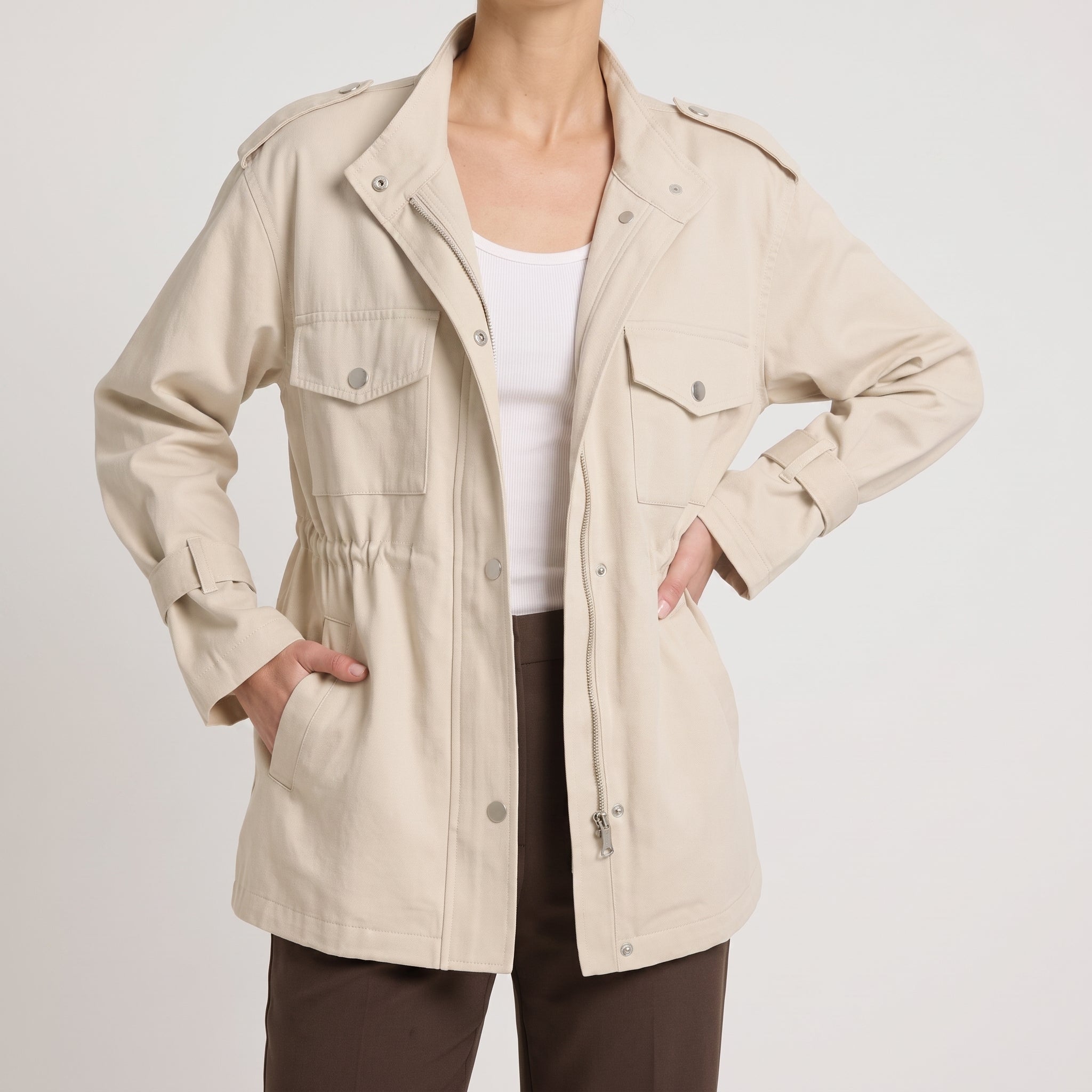 Sophie - Women's Relaxed Transitional Utility Jacket with Cinched Waist - Coats & Jackets - Cream - Davies & Cooper