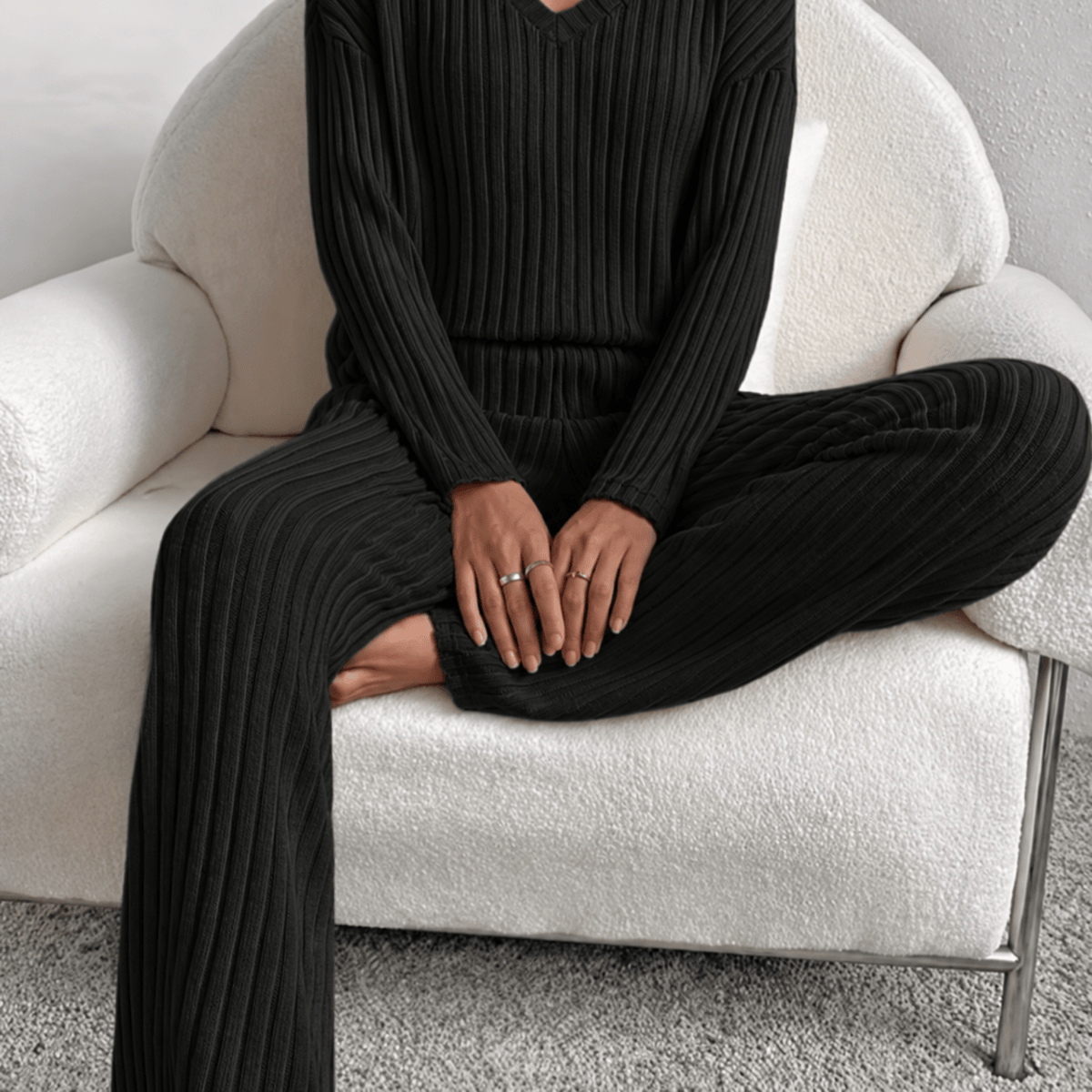 Sophie - Women's Ribbed V-Neck Long Sleeve Co-ord Set - Loungewear Sets - Black - Davies & Cooper