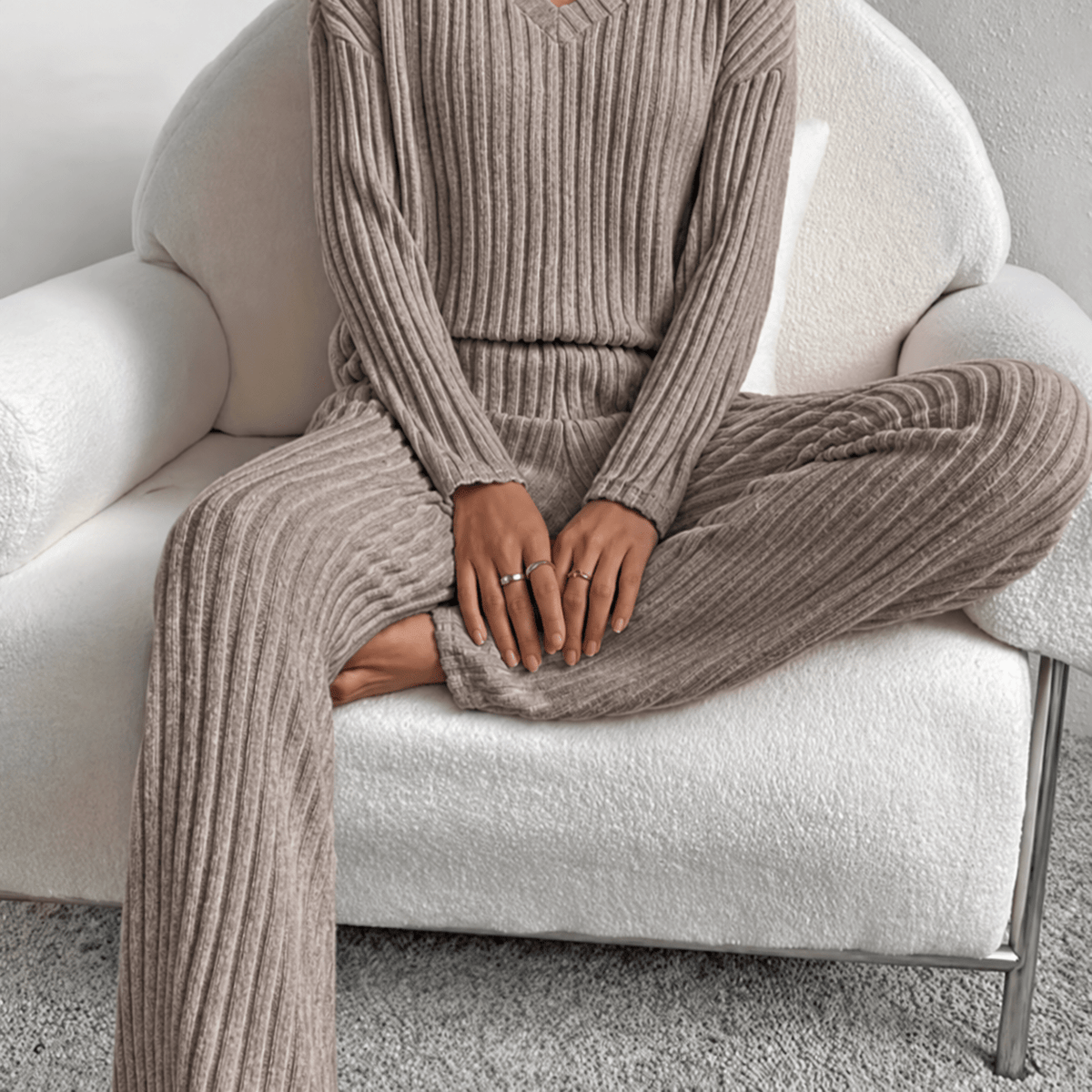 Sophie - Women's Ribbed V-Neck Long Sleeve Co-ord Set - Loungewear Sets - Brown - Davies & Cooper