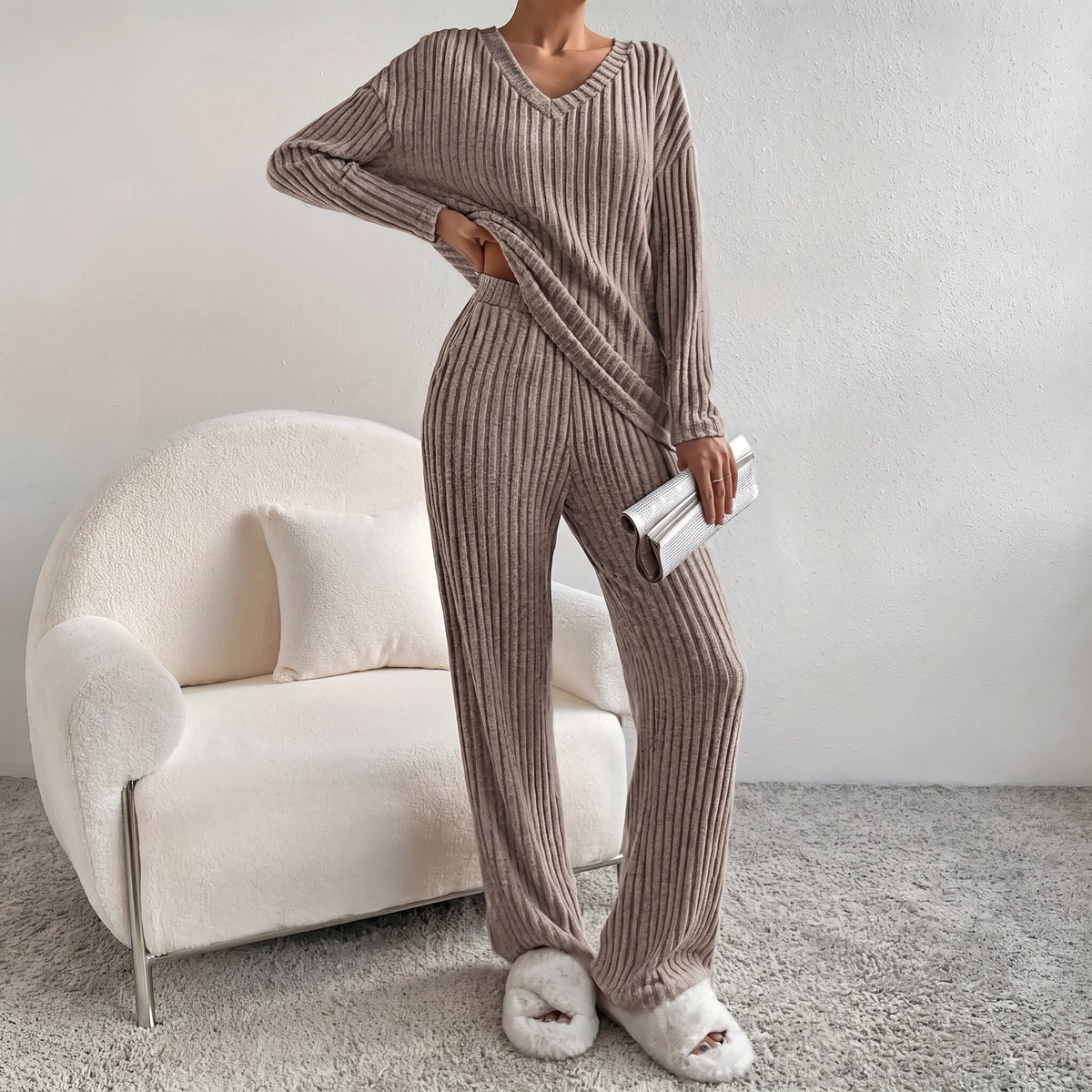 Sophie - Women's Ribbed V-Neck Long Sleeve Co-ord Set - Loungewear Sets - Brown - Davies & Cooper