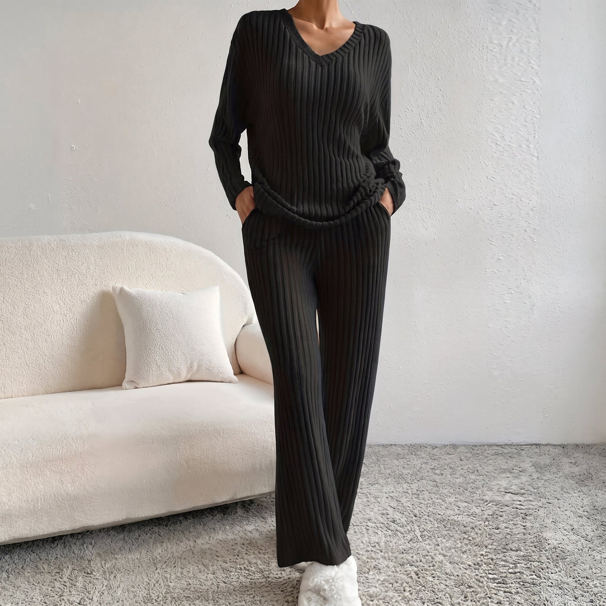 Sophie - Women's Ribbed V-Neck Long Sleeve Co-ord Set - Loungewear Sets - Black - Davies & Cooper