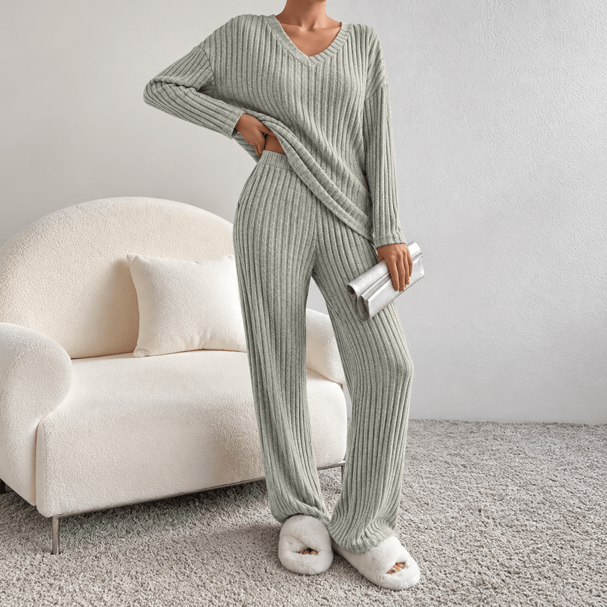 Sophie - Women's Ribbed V-Neck Long Sleeve Co-ord Set - Loungewear Sets - Sage - Davies & Cooper