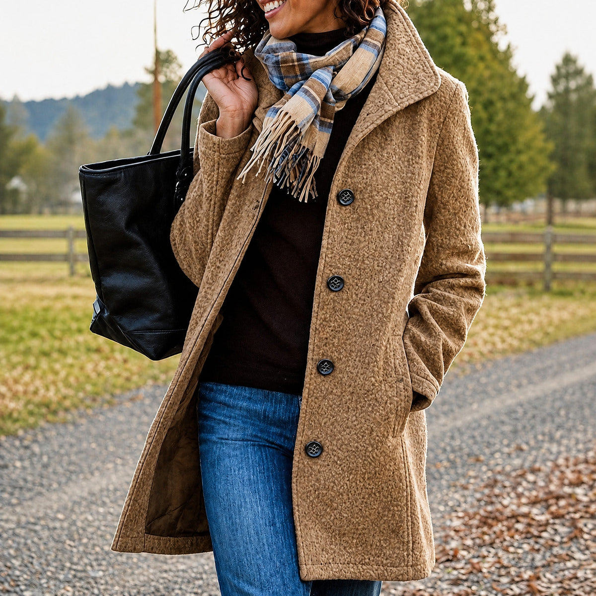 Sophie - Women's Single-Breasted Longline Wool-Look Coat with Notch Collar - Overcoats - Khaki - Davies & Cooper