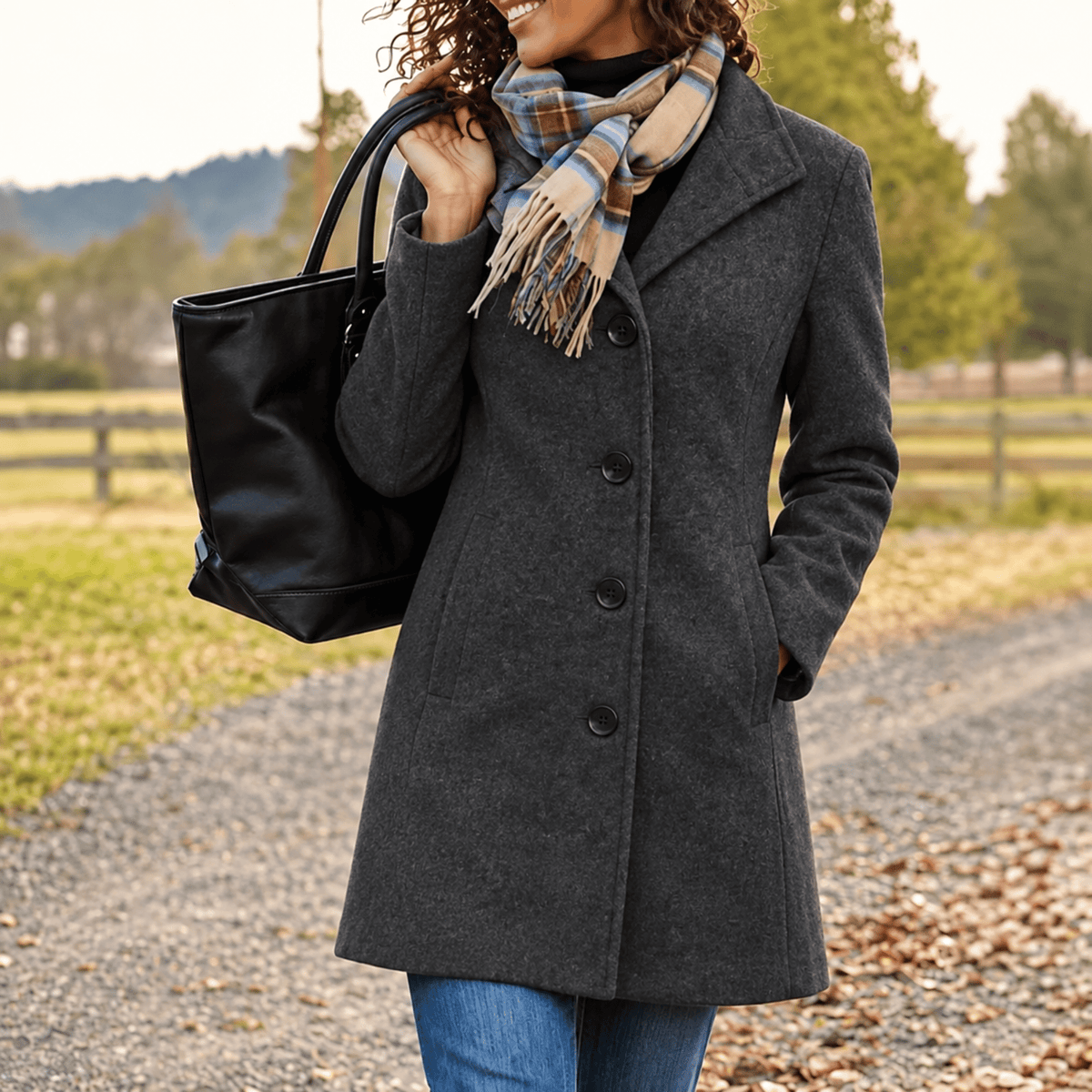 Sophie - Women's Single-Breasted Longline Wool-Look Coat with Notch Collar - Overcoats - Black - Davies & Cooper