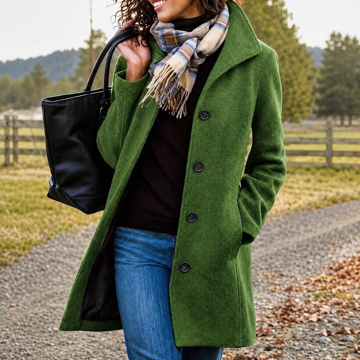 Sophie - Women's Single-Breasted Longline Wool-Look Coat with Notch Collar - Overcoats - Green - Davies & Cooper