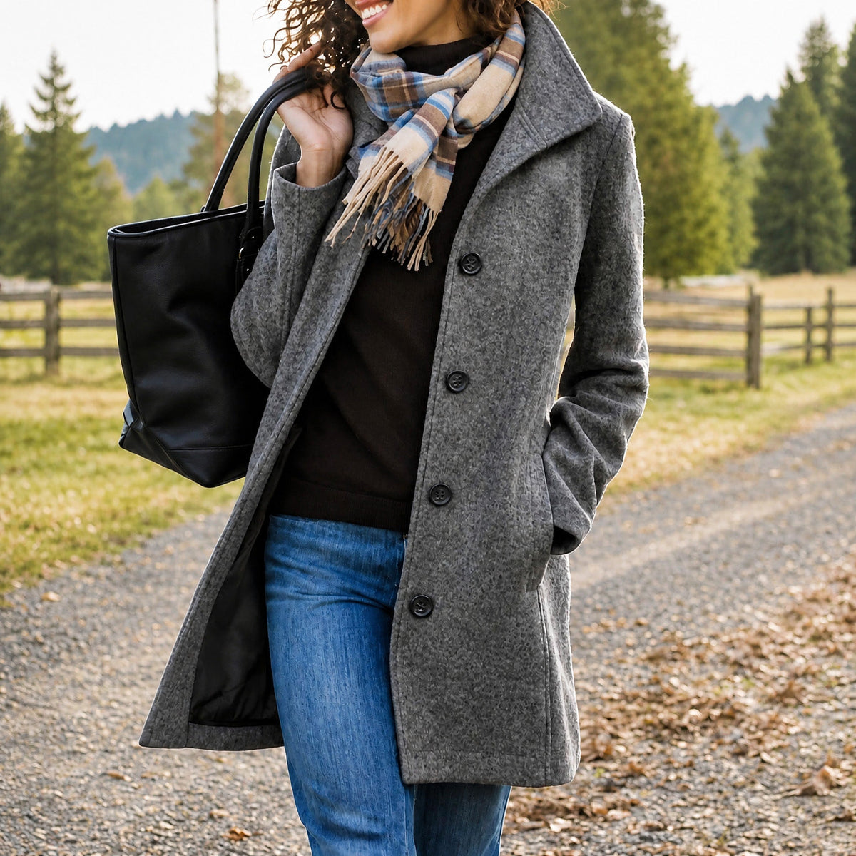 Sophie - Women's Single-Breasted Longline Wool-Look Coat with Notch Collar - Overcoats - Dark Grey - Davies & Cooper