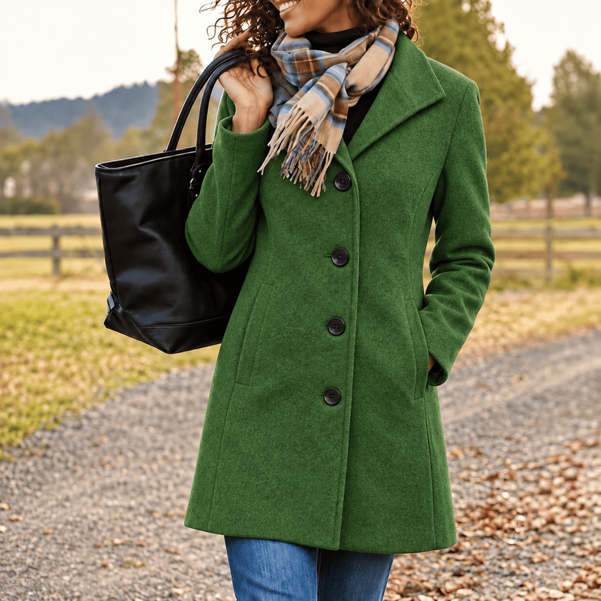 Sophie - Women's Single-Breasted Longline Wool-Look Coat with Notch Collar - Overcoats - Green - Davies & Cooper