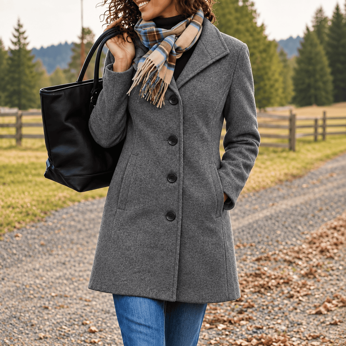 Sophie - Women's Single-Breasted Longline Wool-Look Coat with Notch Collar - Overcoats - Dark Grey - Davies & Cooper