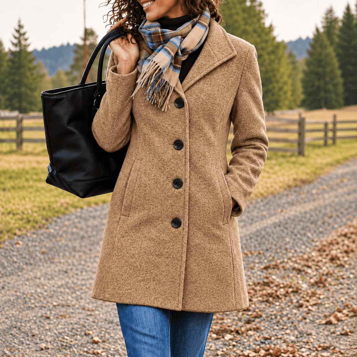 Sophie - Women's Single-Breasted Longline Wool-Look Coat with Notch Collar - Overcoats - Khaki - Davies & Cooper