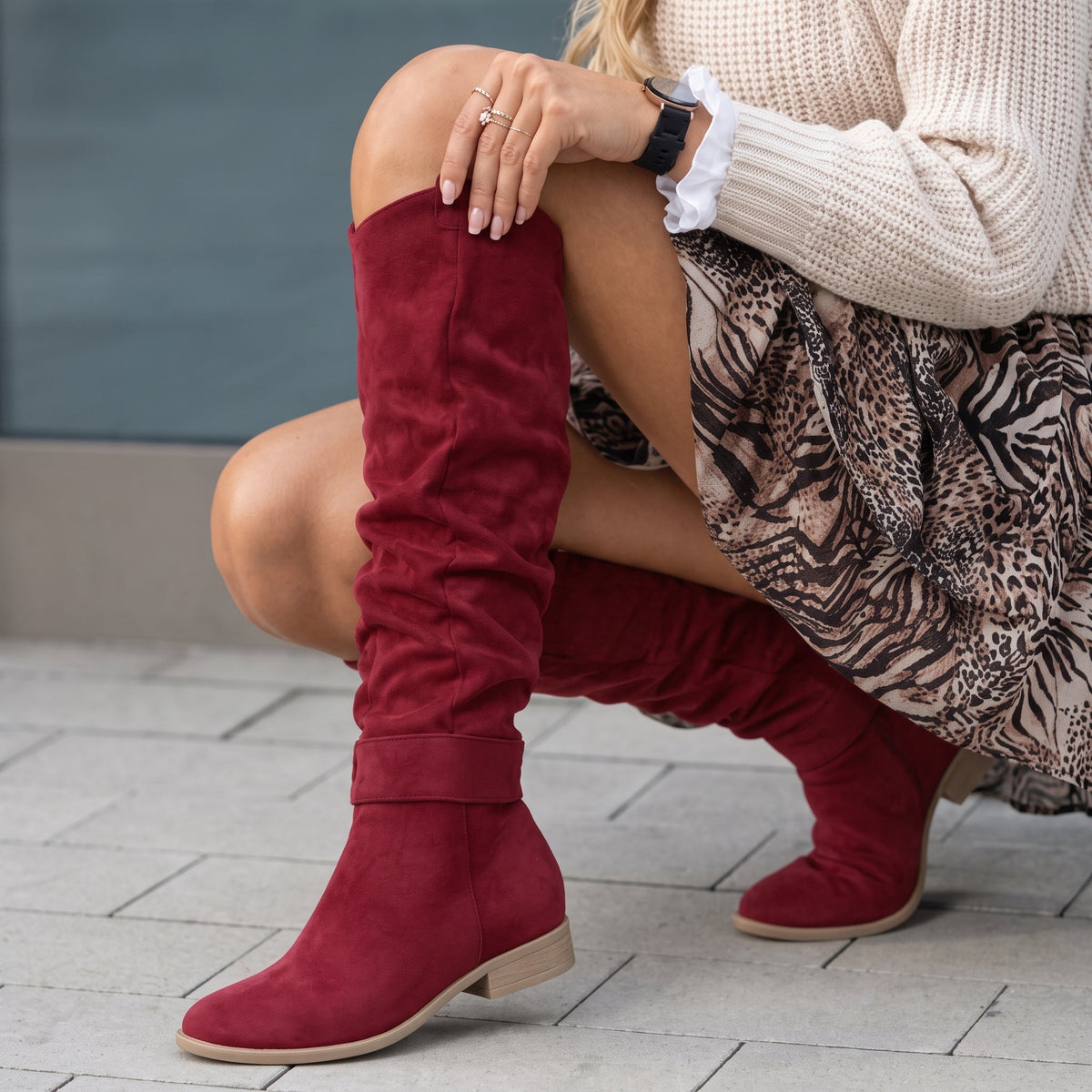 Sophie - Women's Slouch Knee-High Suede-Look Boots with Block Heel - Boots - Red - Davies & Cooper