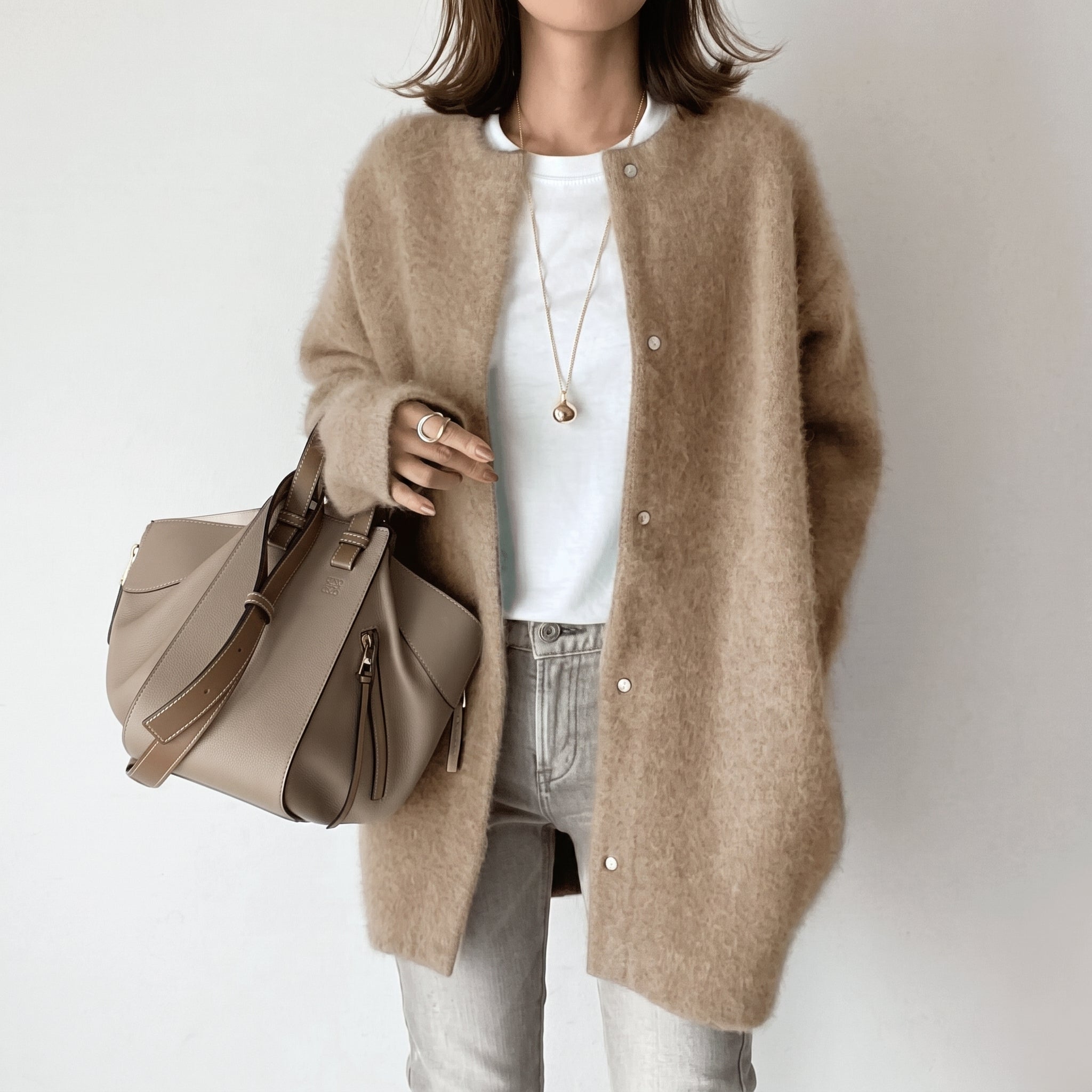 Sophie - Women's Snap Button Longline Cardigan with Round Neck - Cardigans - Light Brown - Davies & Cooper