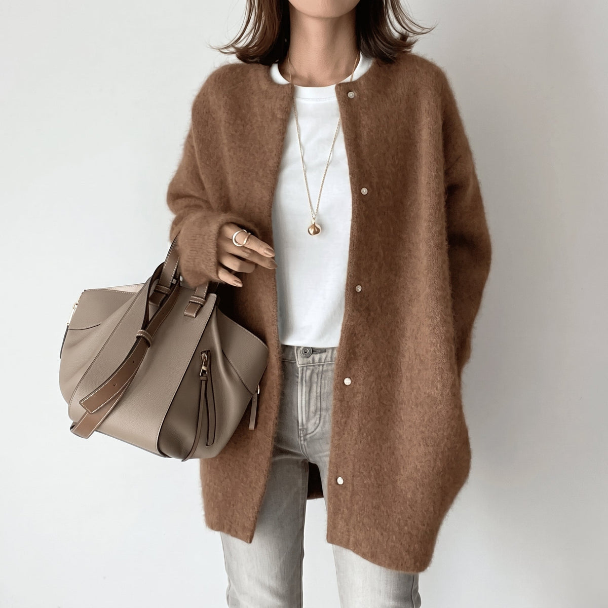 Sophie - Women's Snap Button Longline Cardigan with Round Neck - Cardigans - Dark Brown - Davies & Cooper