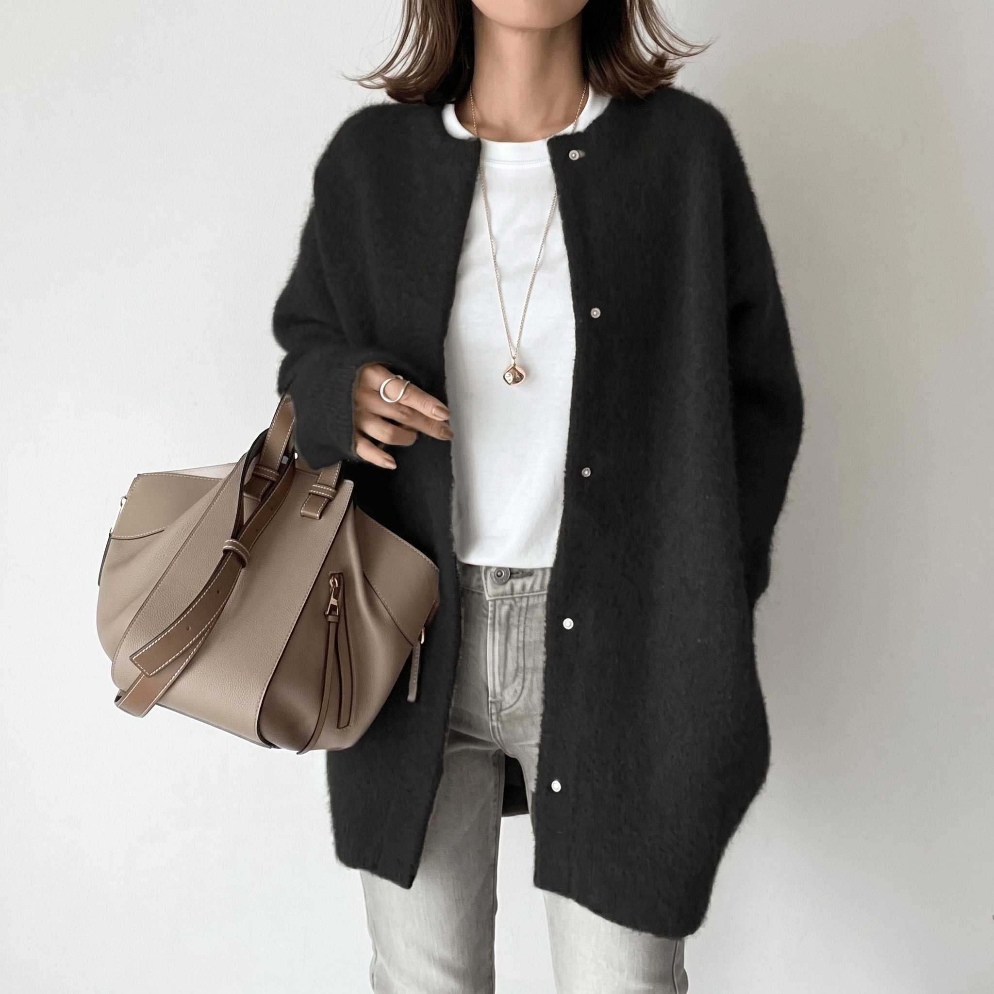 Sophie - Women's Snap Button Longline Cardigan with Round Neck - Cardigans - Black - Davies & Cooper