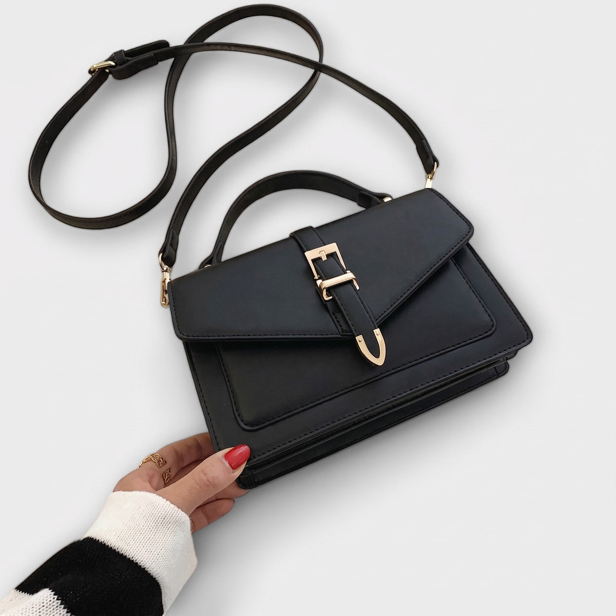 Sophie - Women's Structured Buckle-Strap Crossbody Bag with Top Handle - Cross Body Bags - Black - Davies & Cooper