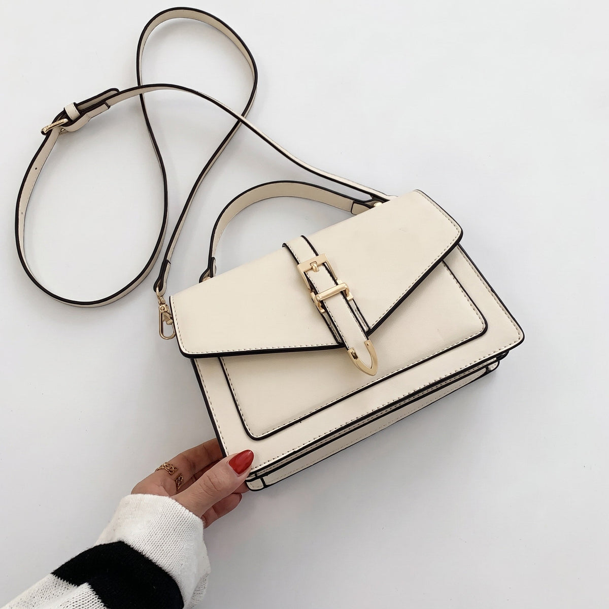 Sophie - Women's Structured Buckle-Strap Crossbody Bag with Top Handle - Cross Body Bags - White - Davies & Cooper