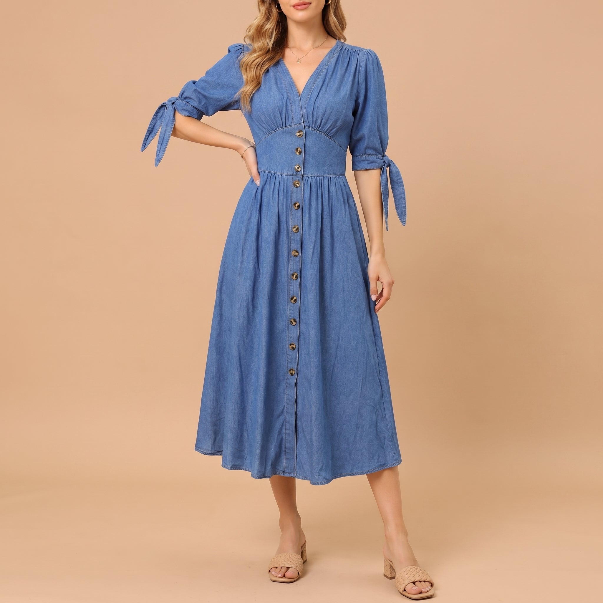 Sophie - Women's Summer Button-Down Midi Dress with Tie Sleeves - Dresses - Blue - Davies & Cooper