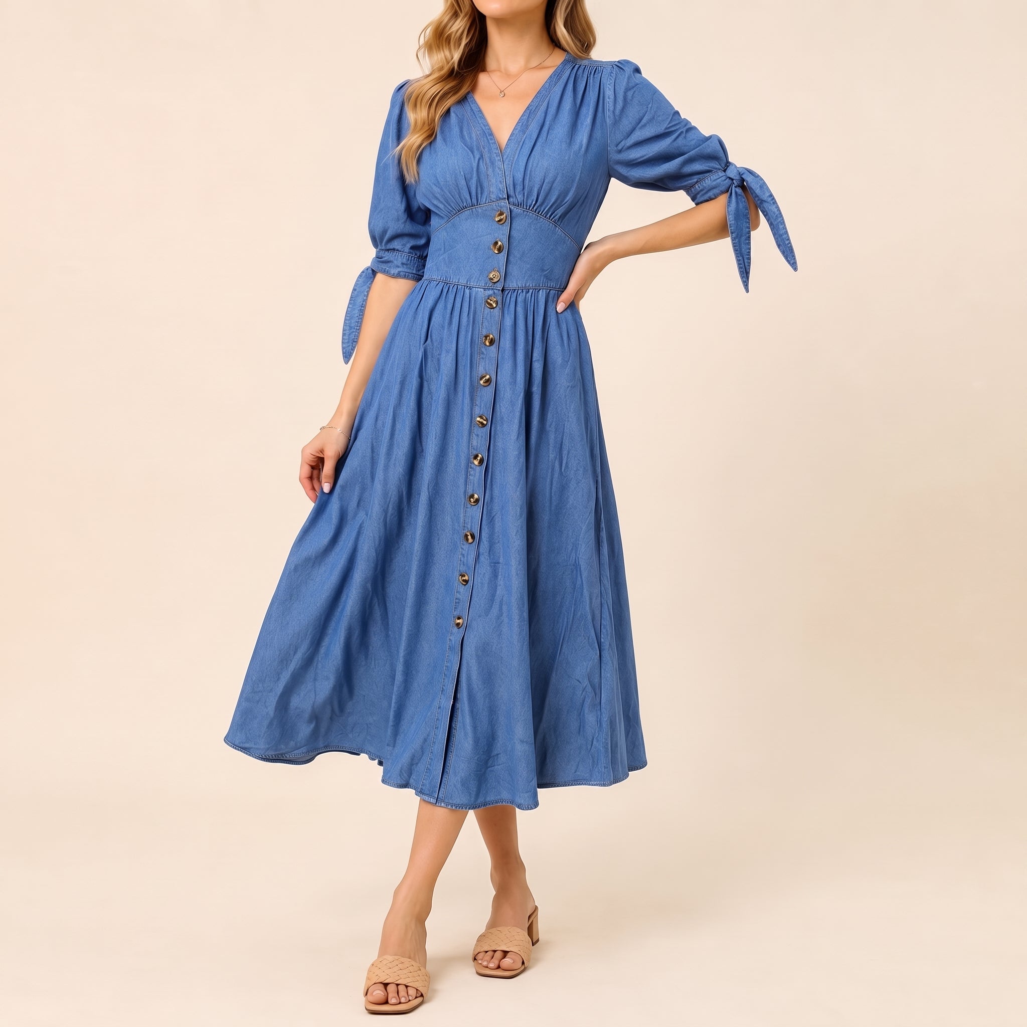 Sophie - Women's Summer Button-Down Midi Dress with Tie Sleeves - Dresses - Blue - Davies & Cooper