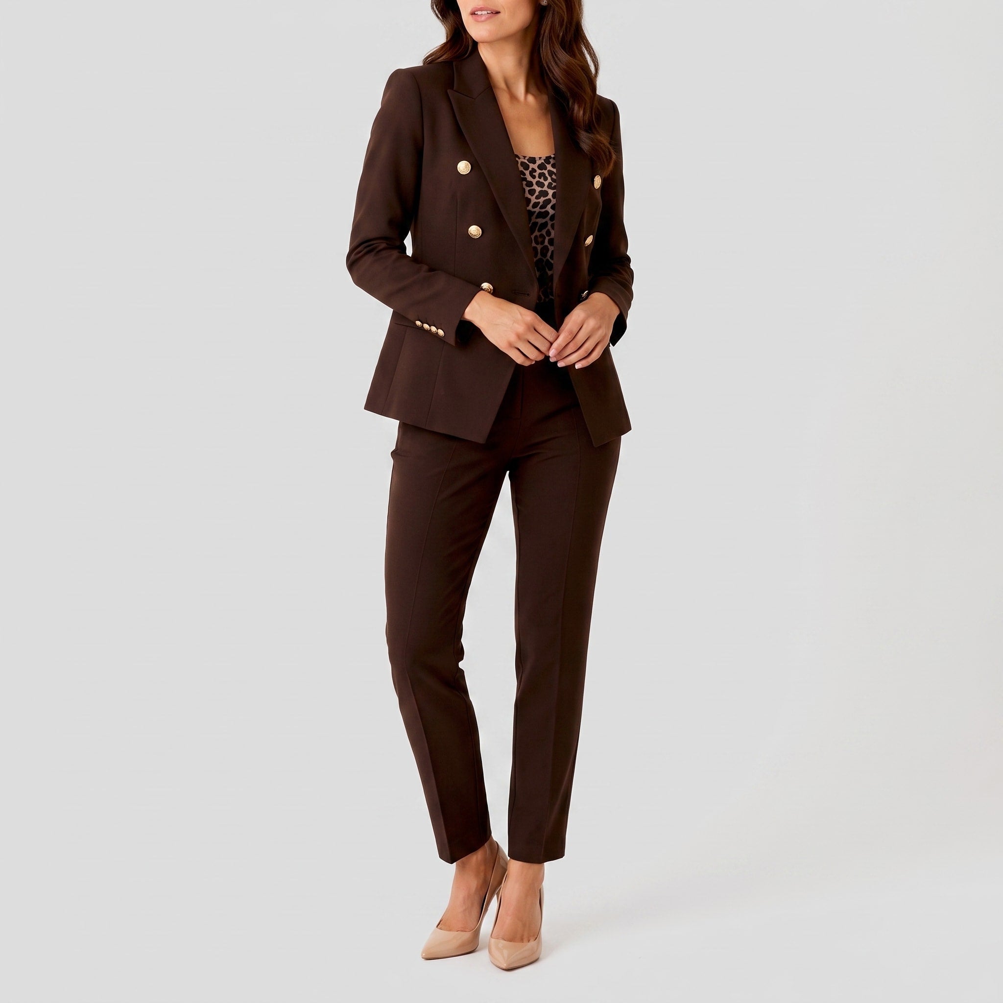Sophie - Women's Tailored Double-Breasted Blazer Trouser Set - Outfit Sets - Brown - Davies & Cooper