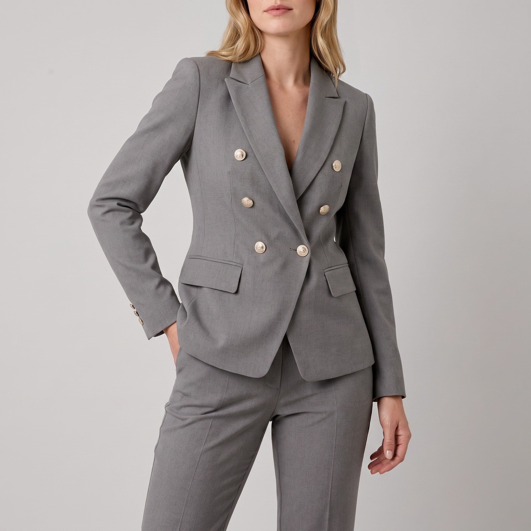 Sophie - Women's Tailored Double-Breasted Blazer Trouser Set - Outfit Sets - Grey - Davies & Cooper
