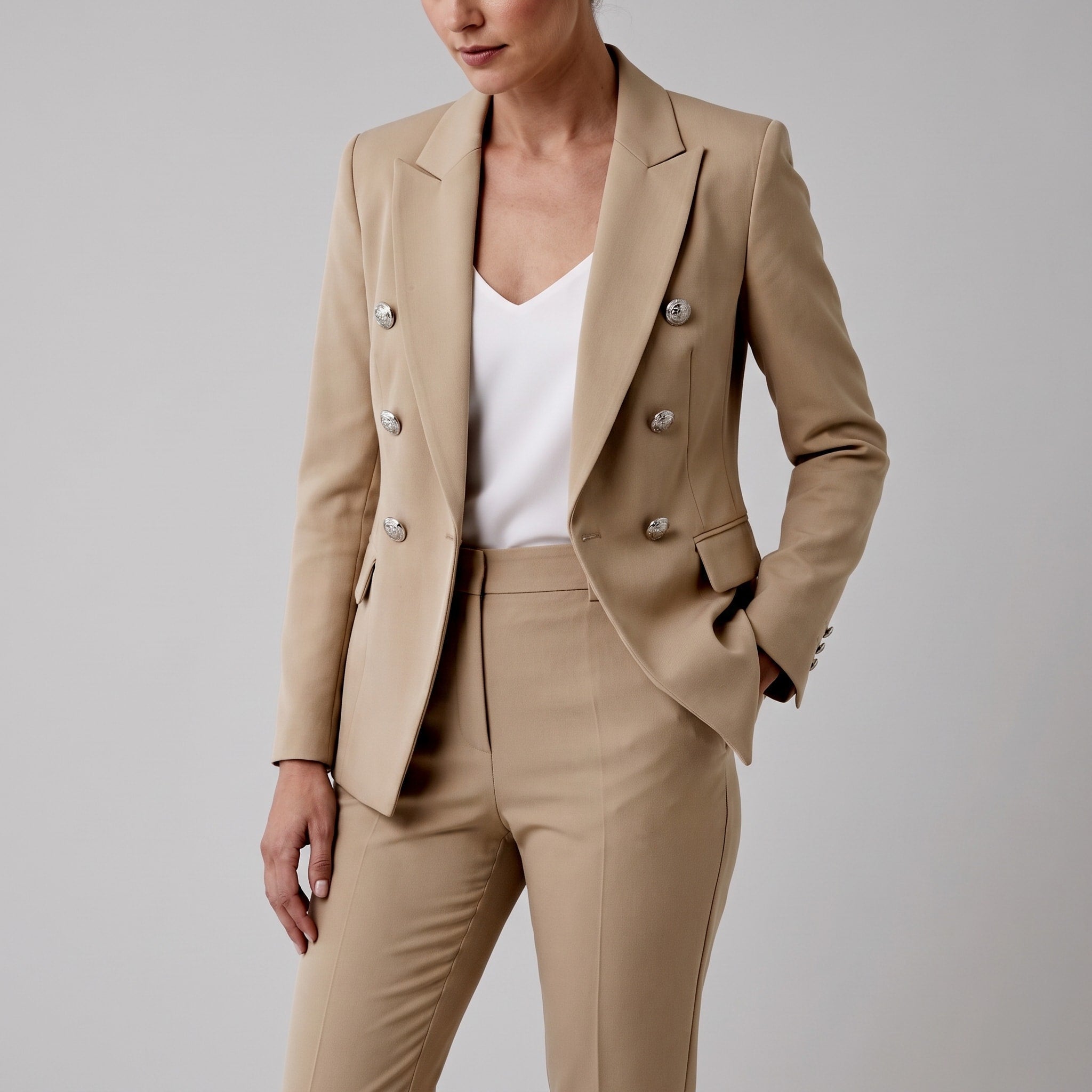 Sophie - Women's Tailored Double-Breasted Blazer Trouser Set - Outfit Sets - Beige - Davies & Cooper