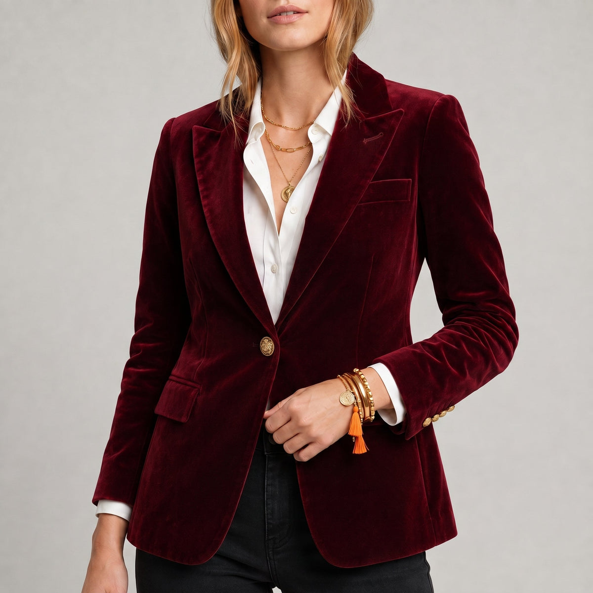 Sophie - Women's Tailored Single-Breasted Blazer with Gold Buttons - Blazers - Wine Red - Davies & Cooper