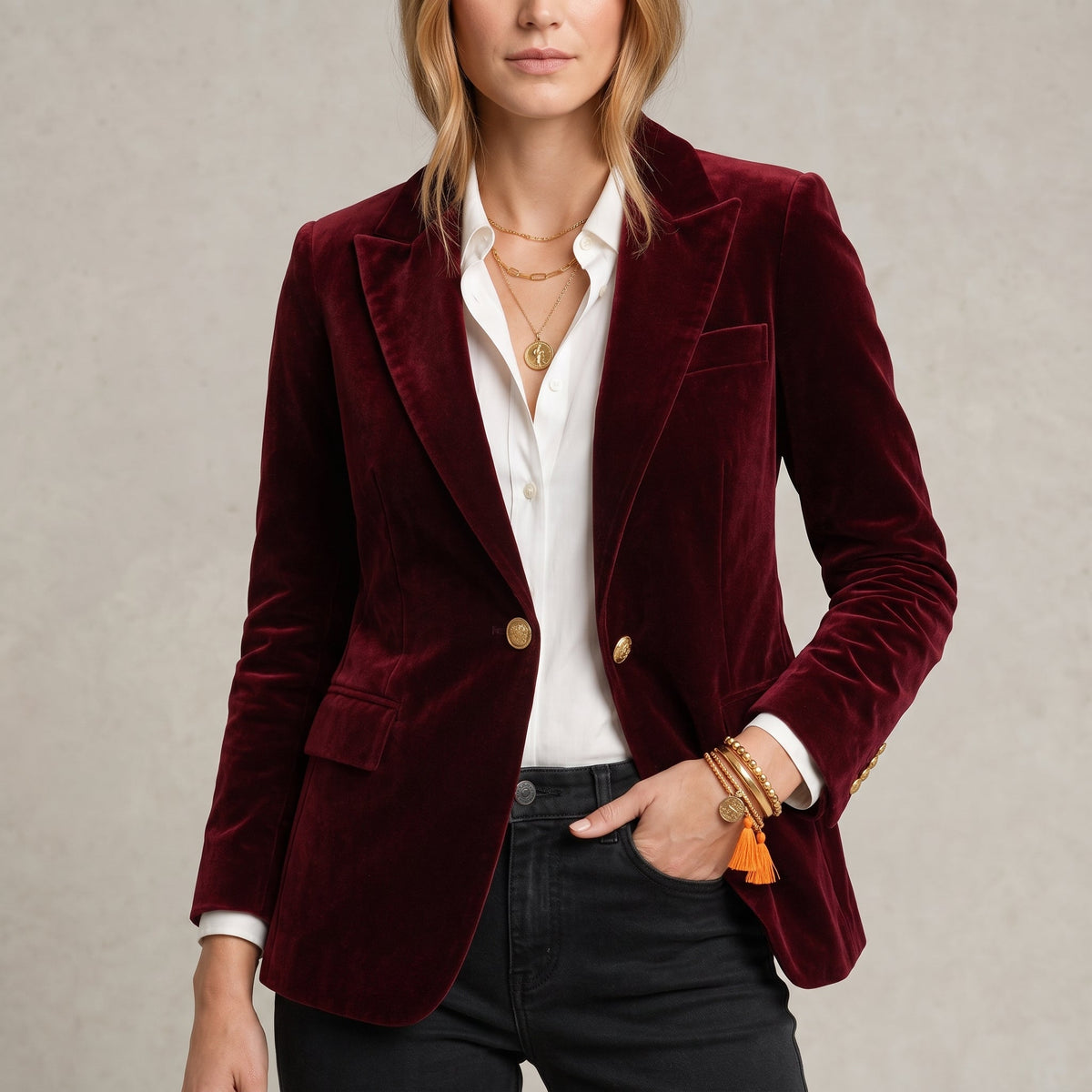 Sophie - Women's Tailored Single-Breasted Blazer with Gold Buttons - Blazers - Wine Red - Davies & Cooper