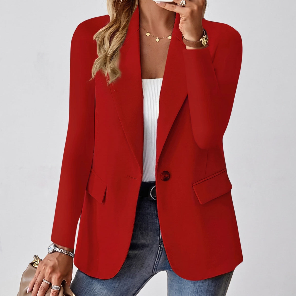 Sophie - Women's Tailored Single-Button Blazer with Notch Lapel - Red - Davies & Cooper