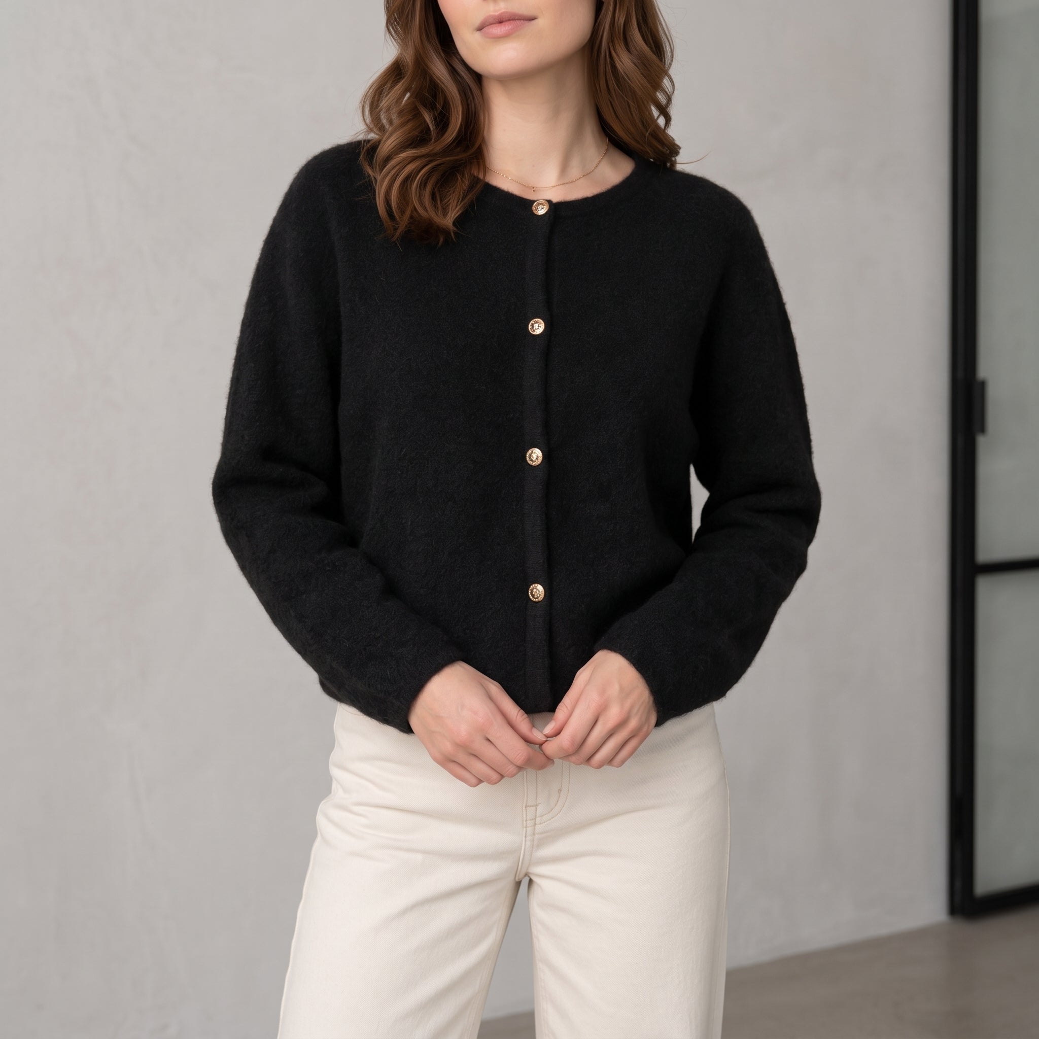Sophie - Women's Textured Cropped Cardigan with Button Front - Cardigans - Black - Davies & Cooper