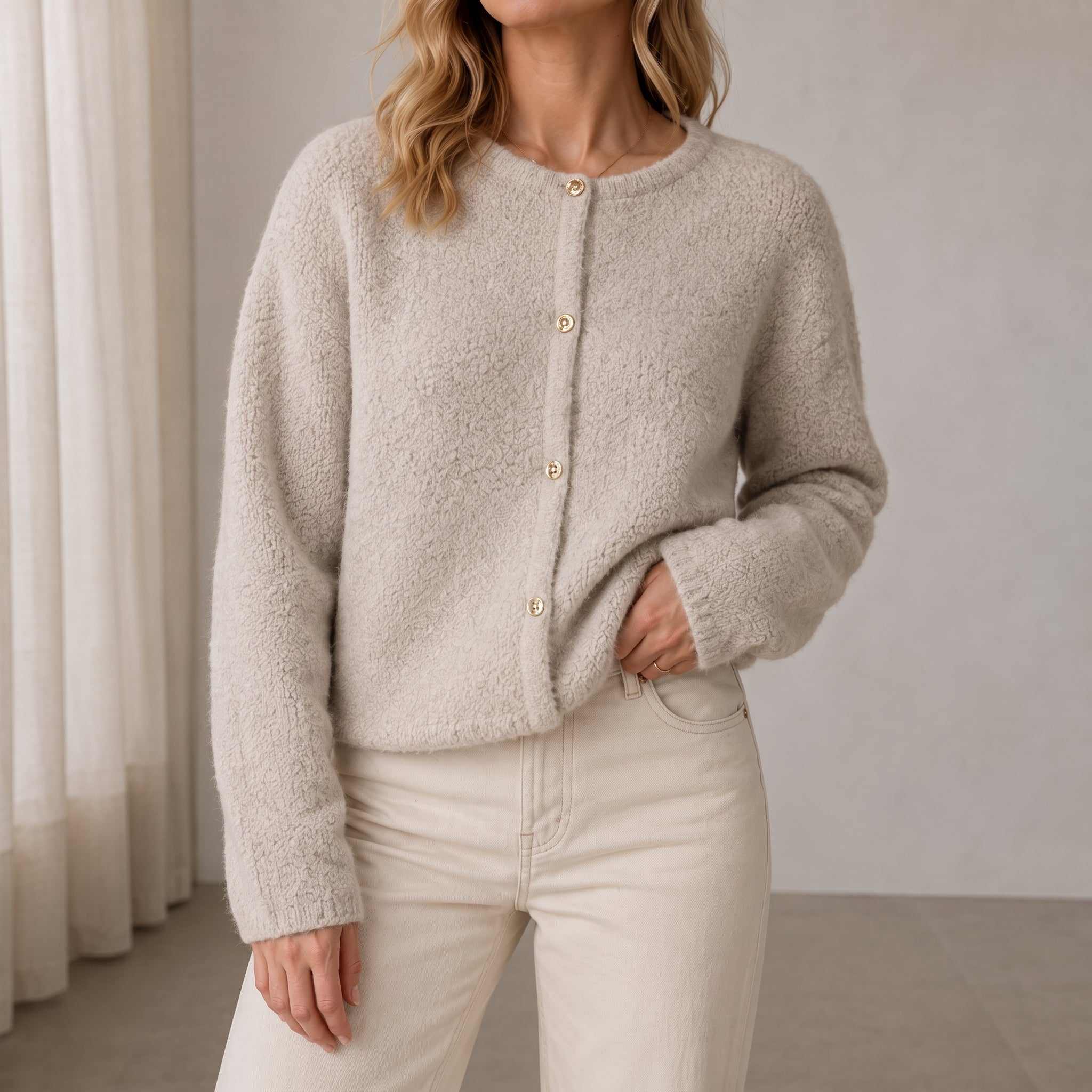 Sophie - Women's Textured Cropped Cardigan with Button Front - Cardigans - Beige - Davies & Cooper