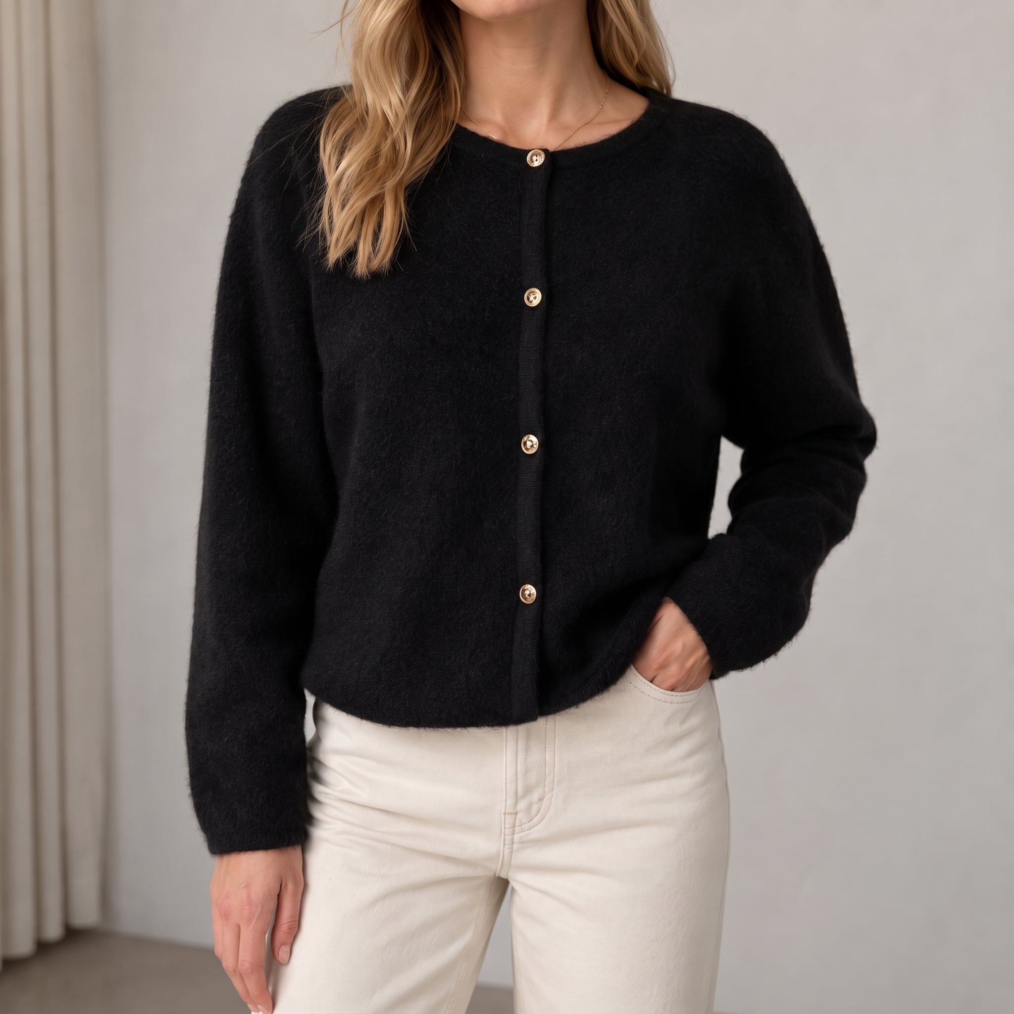 Sophie - Women's Textured Cropped Cardigan with Button Front - Cardigans - Black - Davies & Cooper