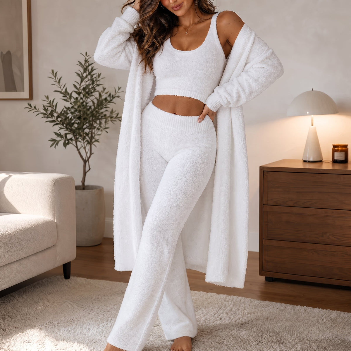 Sophie - Women's Three-Piece Knitted Cardigan Loungewear Set with Cami Top - Loungewear Sets - White - Davies & Cooper