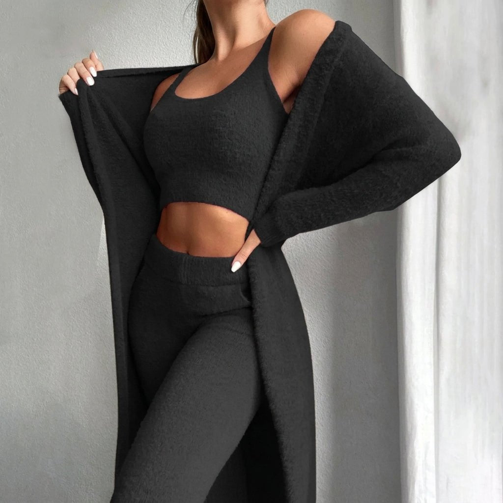 Sophie - Women's Three-Piece Knitted Cardigan Loungewear Set with Cami Top - Loungewear Sets - Black - Davies & Cooper