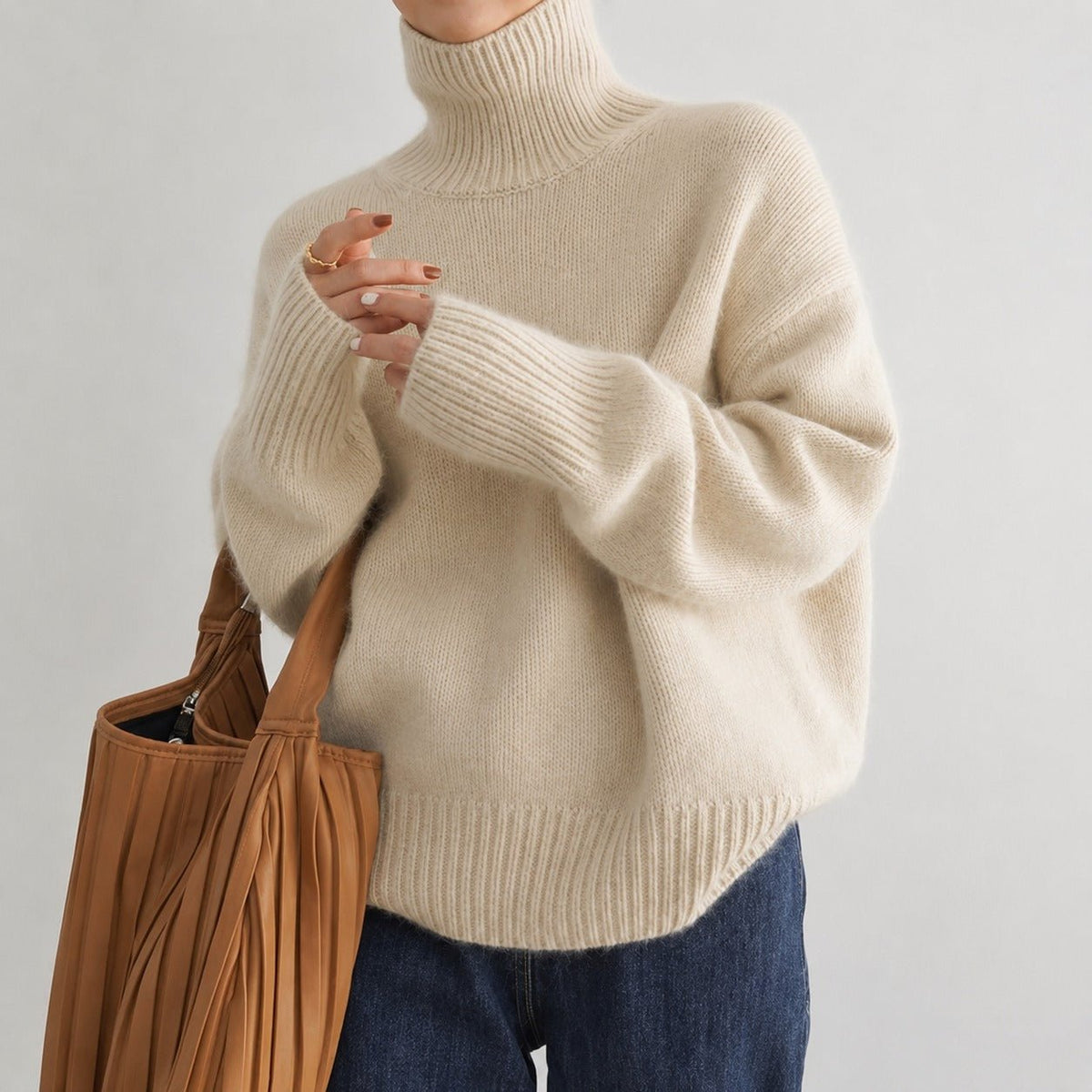 Sophie - Women's Turtleneck Jumper with Ribbed Cuffs - Sweaters - Beige - Davies & Cooper