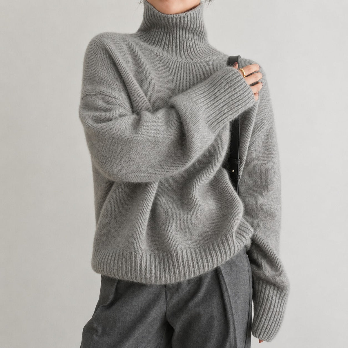 Sophie - Women's Turtleneck Jumper with Ribbed Cuffs - Sweaters - Grey - Davies & Cooper
