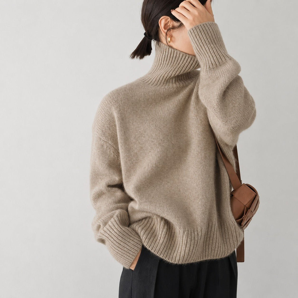 Sophie - Women's Turtleneck Jumper with Ribbed Cuffs - Sweaters - Khaki - Davies & Cooper