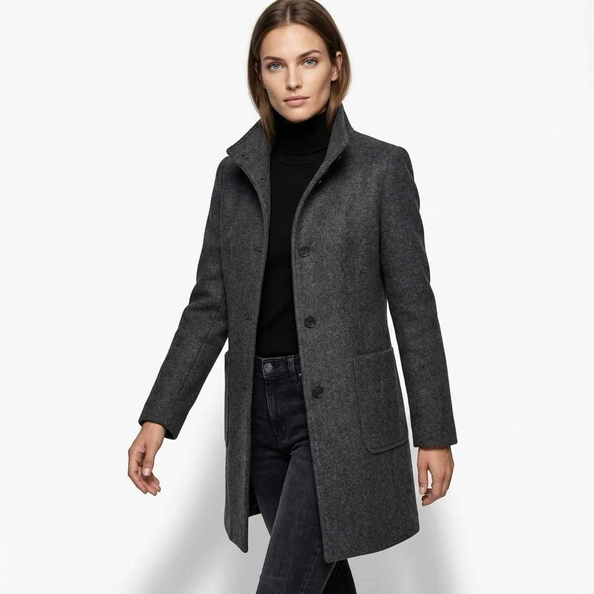 Soraya – Women's Coat with button closure and stand-up collar - Trench Coats - Black - Davies & Cooper