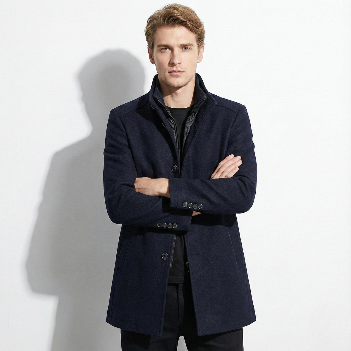 Stellan – Men’s Jacket with Stand Collar - Overcoats - Navy Blue - Davies & Cooper
