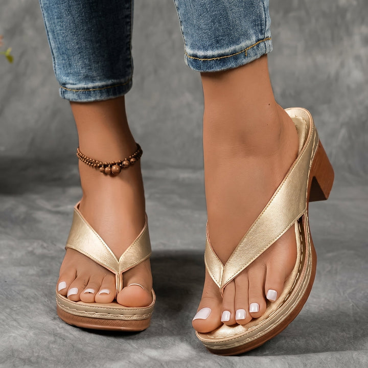 Tara - Women's Toe Post Block Heel Sandals - Sandals - Gold - Davies & Cooper